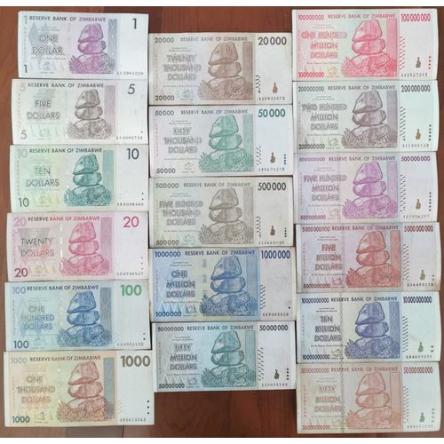 Lot 17 Billets Zimbabwe De 1 À 50.000.000.000 Dollars - 50 Milliards / Billion