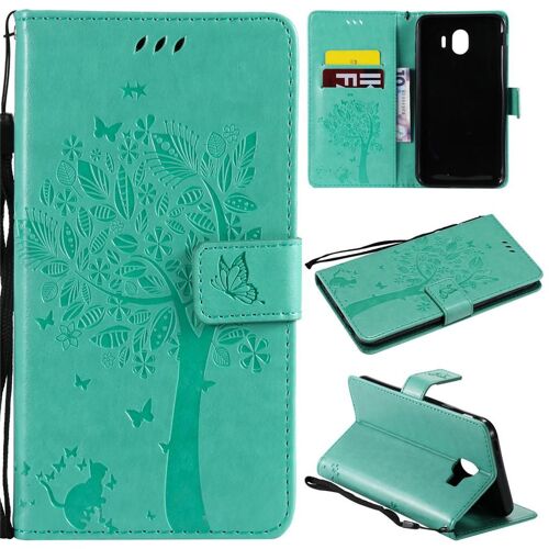 Samsung Galaxy J4 2018 Coque, SATURCASE Arbre à Chat PU Cuir Magnétique Flip Portefeuille Support Porte-carte Protecteur Coque Housse Étui avec Dragonne pour Samsung Galaxy J4 2018 (Vert)