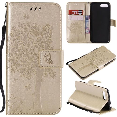 Huawei Honor 10 Coque, SATURCASE Arbre à Chat PU Cuir Magnétique Flip Portefeuille Support Porte-carte Protecteur Coque Housse Étui avec Dragonne pour Huawei Honor 10 (Or)