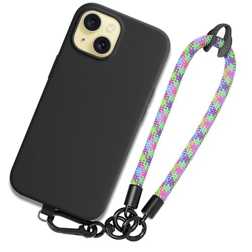 Coque Pour Iphone 15, Tpu Noir Antichoc Anti-Rayures Avec Bracelet Robuste Multicolore - Booling