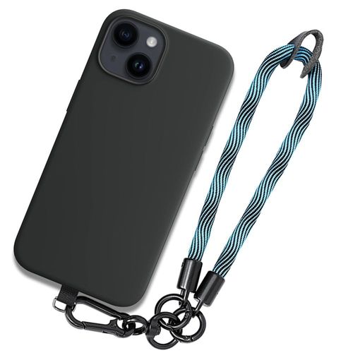 Coque Pour Iphone 14, Silicone Noir Antichoc Avec Dragonne Bleue - Booling