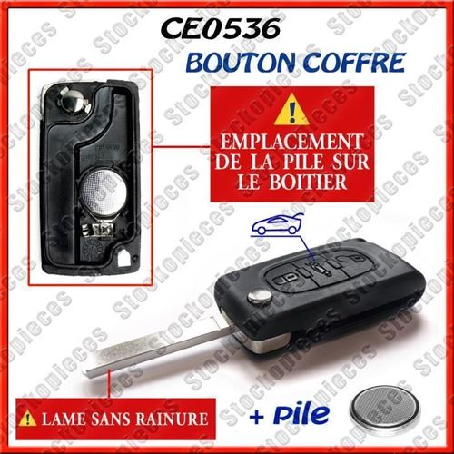 Boitier Coque De Cle Clef Clés Compatible Peugeot Bouton Coffre 207 307 308 407 / Ce0536 / Lame Sans Rainure + Pile
