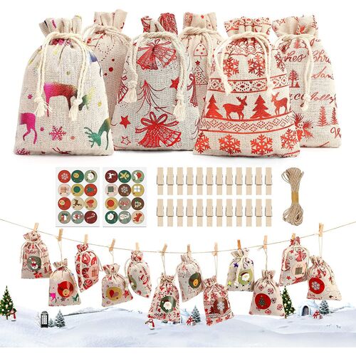 24pcs Noël Sachet Pochette Naturel Jute avec Cordon de Serrage Reutilisable Sac Cadeau de Noël Cadeau,Calendrier de l'Avent