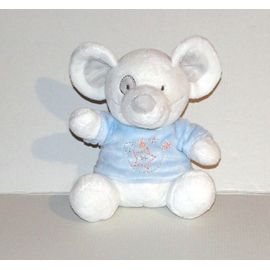 Doudou Souris Blanche Tee Shirt Bleu Etoile Orange Gifi - Peluche Souris Assise 18 Cm