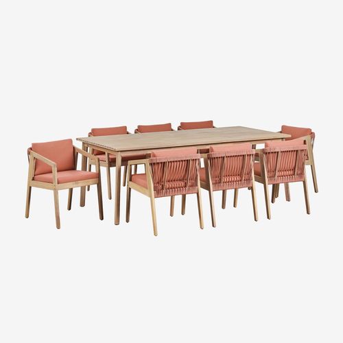 Ensemble Table Rectangulaire 220x100 Cm Et 8 Chaises De Salle À Manger En Bois D'acacia Et Corde Tressée Kaela