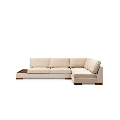 Canapé D'angle Droit En Velours Crème Et Pouf Intégré Moska