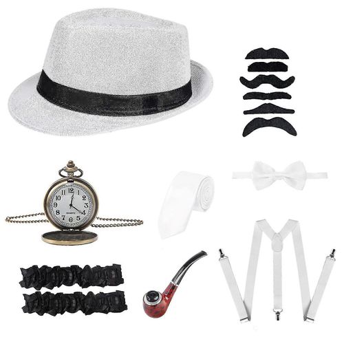 1920 Mens Gatsby Costume Accessoire Set Avec Panama Gangster Hat Barbe Élastique Ajustable Bretelles 8pcs - Snngv