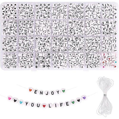 1400 Perles De L'alphabet, Perles Rondes Blanches Acryliques 4x7mm, Perles De Coeur A-Z Et Fil Élastique Pour L'artisanat De Bricolage De Bracelet De Bijoux