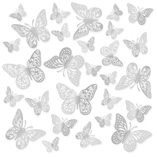 Décorations papillon, 48pcs, 3 styles et 3 tailles chacun, décoration murale et gâteau, -accessoires 3D Wall Art argent