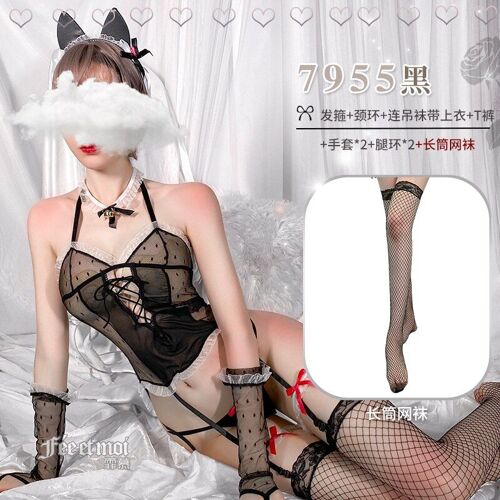Costumes De Cosplay En Dentelle Noire, Dessin Animé Lapin Cosplay Bustier En Résille Avec Bas Transparent Combinaison Transparente, Nouvelle Collection 2022