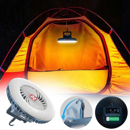 Lampe de camping LED extérieure, ventilateur de camping portable, mini ventilateur de bureau à lumière LED, ventilateur USB de batterie 2400mAh, avec crochet, pour le camping à domicile bureau portabl