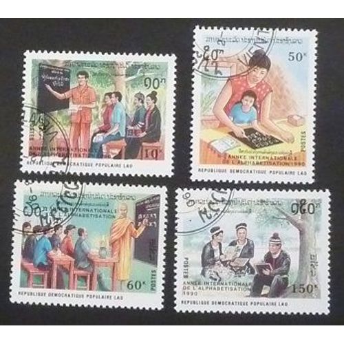 Laos Oblitéré Lot De 4 Timbres De 1990 Année Internationale Alphabétisation