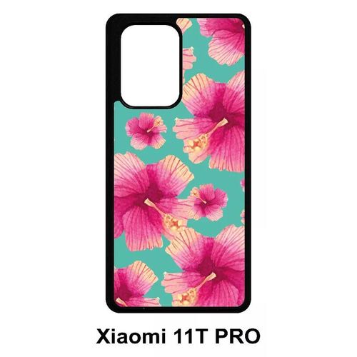 Coque Pour Xiaomi 11t Pro - Hibiscus Fond Turquoise - Silicone - Noir