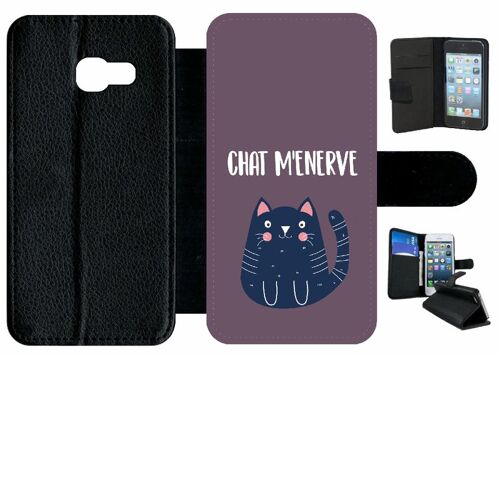Etui À Rabat Galaxy A3 (2017) - Chat M Enerve Fond Violet Chat Bleu - Simili-Cuir - Noir