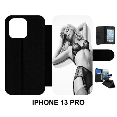 Etui À Rabat Pour Iphone 13 Pro - Femme Sexy Noir Et Blanc - Simili-Cuir - Noir