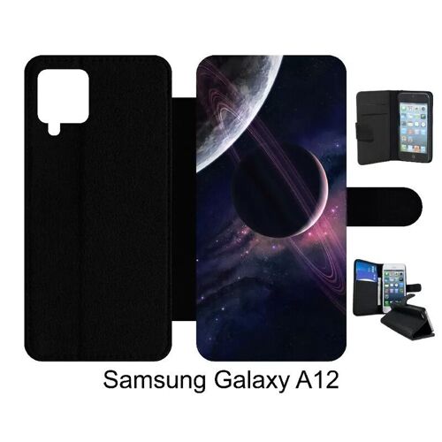 Etui À Rabat Pour Galaxy A12 - Espace Saturne - Simili-Cuir - Noir