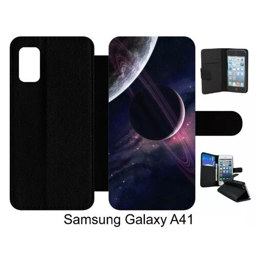 Etui À Rabat Pour Galaxy A41 - Espace Saturne - Simili-Cuir - Noir