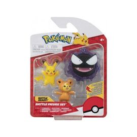 Coffret 3 Pokemon Pikachu - Teddiursa Et Fantominus De Combat - Set Figurine Pokemon Jaune Violet + 1 Carte Tigre - Jouet Garçon
