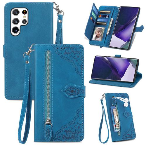 Saturcase Coque Pour Samsung Galaxy S22 Ultra, Fleur Pu Cuir Magnétique Flip Portefeuille Poche Fermeture Éclair Support Porte-Carte Cordon Protecteur Housse Étui Pour Samsung Galaxy S22 Ultra (Bleu)