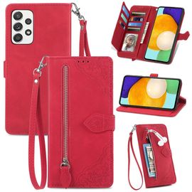 Saturcase Coque Pour Samsung Galaxy A52 5g, Fleur Pu Cuir Magnétique Flip Portefeuille Poche Fermeture Éclair Support Porte-Carte Cordon Protecteur Housse Étui Pour Samsung Galaxy A52 5g (Rouge)