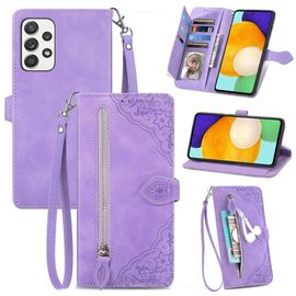 Saturcase Coque Pour Samsung Galaxy A52 5g, Fleur Pu Cuir Magnétique Flip Portefeuille Poche Fermeture Éclair Support Porte-Carte Cordon Protecteur Housse Étui Pour Samsung Galaxy A52 5g (Violet)