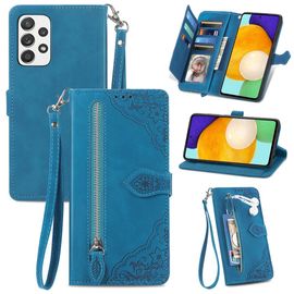 Saturcase Coque Pour Samsung Galaxy A52 5g, Fleur Pu Cuir Magnétique Flip Portefeuille Poche Fermeture Éclair Support Porte-Carte Cordon Protecteur Housse Étui Pour Samsung Galaxy A52 5g (Bleu)