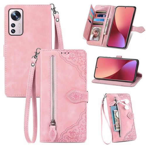 Saturcase Coque Pour Xiaomi 12 12s 12x, Fleur Gaufrage Pu Cuir Magnétique Flip Portefeuille Poche Fermeture Éclair Support Porte-Carte Cordon Protecteur Housse Étui Pour Xiaomi 12 12s 12x (Rose)