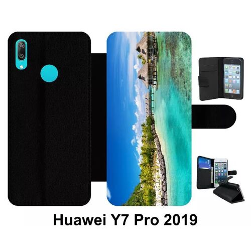 Etui À Rabat Huawei Y7 Pro - Cadre Paradisiaque Cases Sur Piloties - Simili-Cuir - Noir