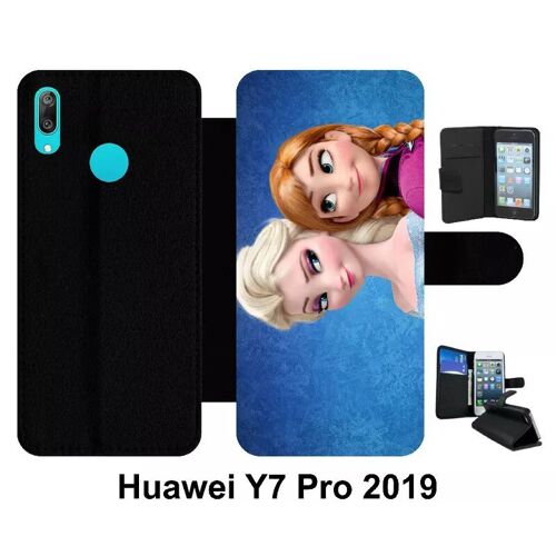 Etui À Rabat Huawei Y7 Pro - Frozen Reine Des Neiges Anna Vs Elsa - Simili-Cuir - Noir