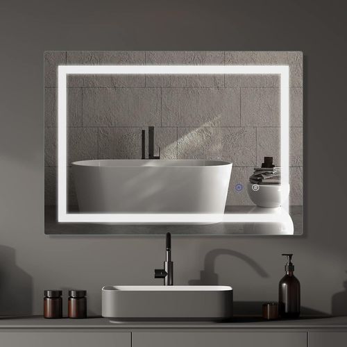 Led Miroir Salle De Bain 60x80cm, Miroir Salle De Bain Avec Eclairage Anti-Buée, Miroir Mural Avec Interrupteur Tactile