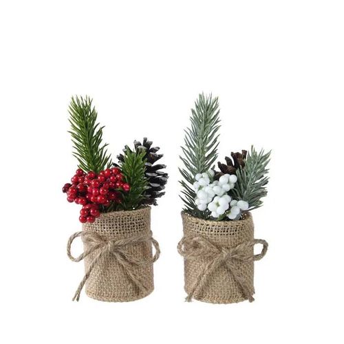 1 Mini Albero Di Pino Con Bacche H15cm In Vaso Di Juta Modello Assortito Decorazioni Addobbi Natalizi