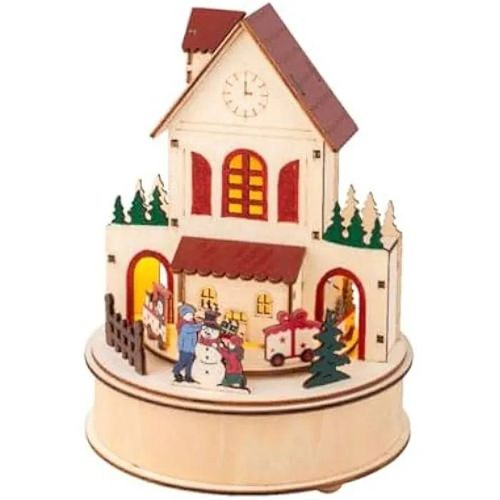 Maison de bonhomme de neige à LED - LUMINEO - 20,3 cm - Musical - Train rotatif - Bois multicolore