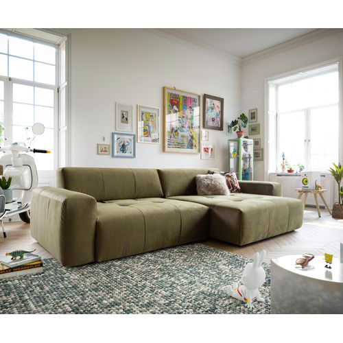 Canapé-D'angle Lazaro Velours Olive 300x160cm Ottomane À Droite Avec Réglage De La Profondeur Du Dossier