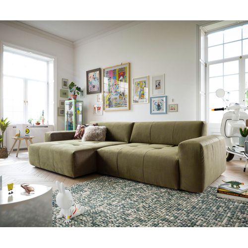 Canapé-D'angle Lazaro Velours Olive 300x160 Cm Ottomane À Gauche Avec Réglage De La Profondeur Du Dossier
