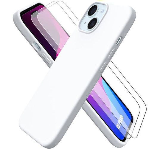 Coque pour iPhone 15 Plus, Silicone Blanc Souple Antichoc + 2 Vitres d'écran Verre Trempé - BOOLING