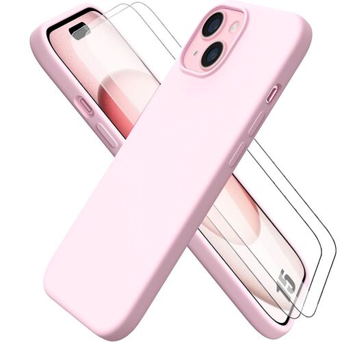 Coque Silicone Rose Pour Iphone 15 Avec 2 Verres Trempés Protection D'écran - Booling