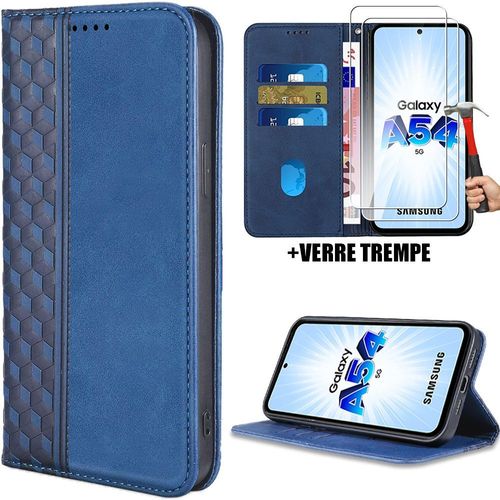 Coque Pour Samsung Galaxy A54 5g, Protection Anti-Rayures Motif Mosaïque Effet Cuir Bleu Marine + 2 Verres Trempés - Booling