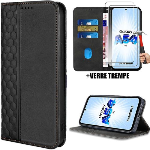 Coque + 2 Verres Trempés pour Samsung Galaxy A54 5G, Pochette Portefeuille Anti-Rayures Effet Cuir Luxe Noir - BOOLING