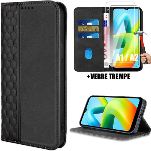 Coque Pour Xiaomi Redmi A1 / A2, Flip Case Synthécuir Avec Motif Mosaïque - Noir + 2 Protection D'écran Verre Trempé - Booling