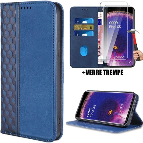 Coque + 2 Verres Trempés Pour Oppo Find X5, Housse Flip Case Cuir Synthétique Bleu Marine Avec Motif Mosaïque - Booling