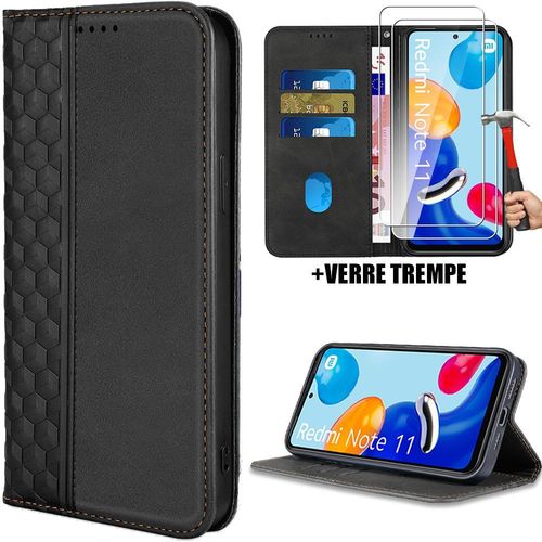 Coque + 2 Verres Trempés Pour Xiaomi Redmi Note 11/ Redmi Note 11s, Protection Cuir Synthétique Noir Fermeture Magnétique - Booling