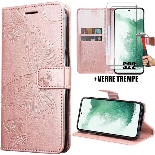 Coque Pour Samsung Galaxy S22, Flip Case Elégant En Motif Papillon Cuir Synthétique Rose + 2 Verres Trempés Transparents - Booling