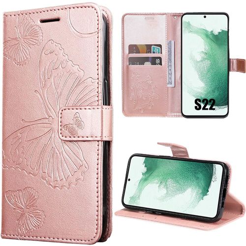 Coque Pour Samsung Galaxy S22, Flip Case Elégant En Motif Papillon Cuir Synthétique Rose - Booling
