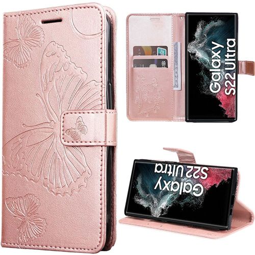 Coque Pour Samsung Galaxy S22 Ultra, Protection Anti-Rayures Effet Cuir Rose Motif Papillon (Pas Pour S22) - Booling