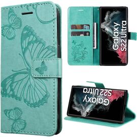 Coque pour Samsung Galaxy S22 Ultra, Protection Anti-Rayures Effet Cuir Vert Elégant Motif Papillon (pas pour S22) - BOOLING