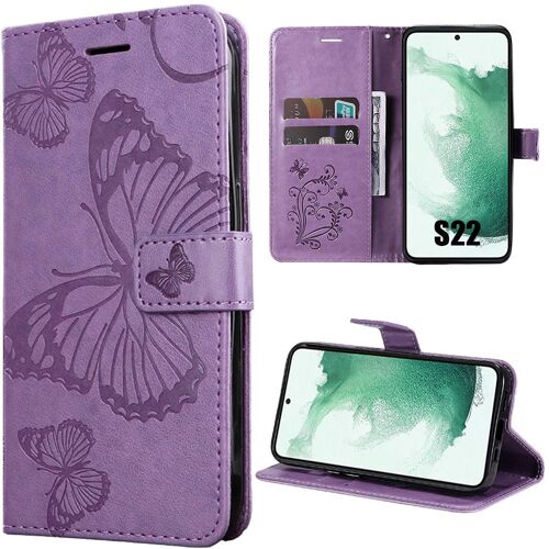 Coque Pour Samsung Galaxy S22, Protection Intégrale Motif Papillon Imprimé Effet Cuir Violet - Booling