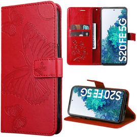 Coque Pour Samsung Galaxy S20 Fe, Housse Rabat Cuir Pu Rouge Avec Motif Papillon Fermeture Magnétique (Pas Pour S20) - Booling