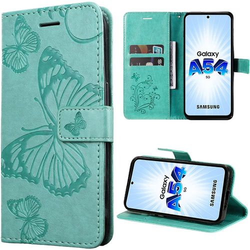 Coque Pour Samsung Galaxy A54 5g, Effet Cuir Vert Fermeture Magnétique Motif Papillon - Booling