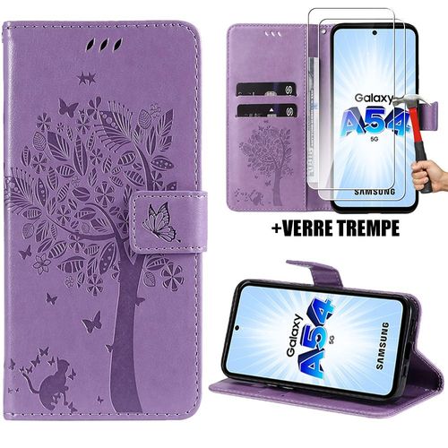 Coque Avec 2 Verres Trempés Pour Samsung Galaxy A54 5g, Flip Case Synthécuir Violet Avec Motif Arbre Papillon Elégant Chic - Booling