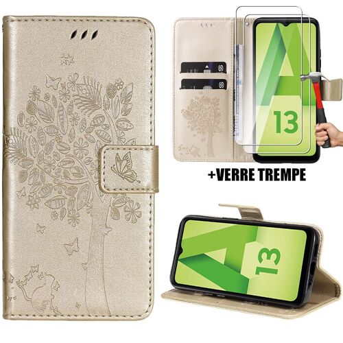 Coque + 2 Verres Trempés Pour Samsung Galaxy A13 5g/A13 4g, Housse Flip Case Cuir Synthétique Doré Avec Motif Arbre - Booling